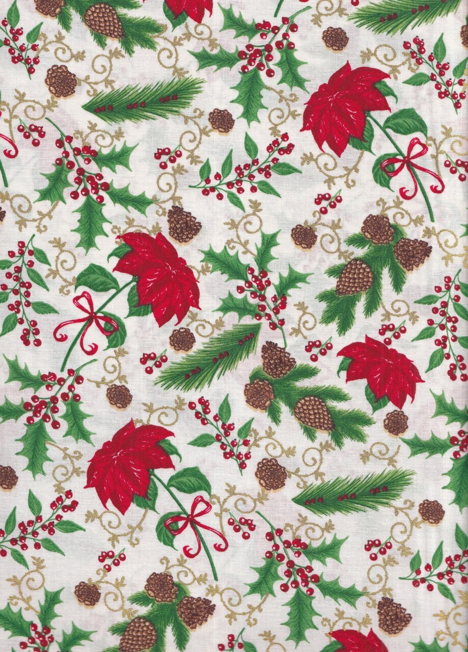 Foust Textiles Tis the Season Poinsettias and Pinecones Ivory Gold Metallic 100% Cotton Price per Yard